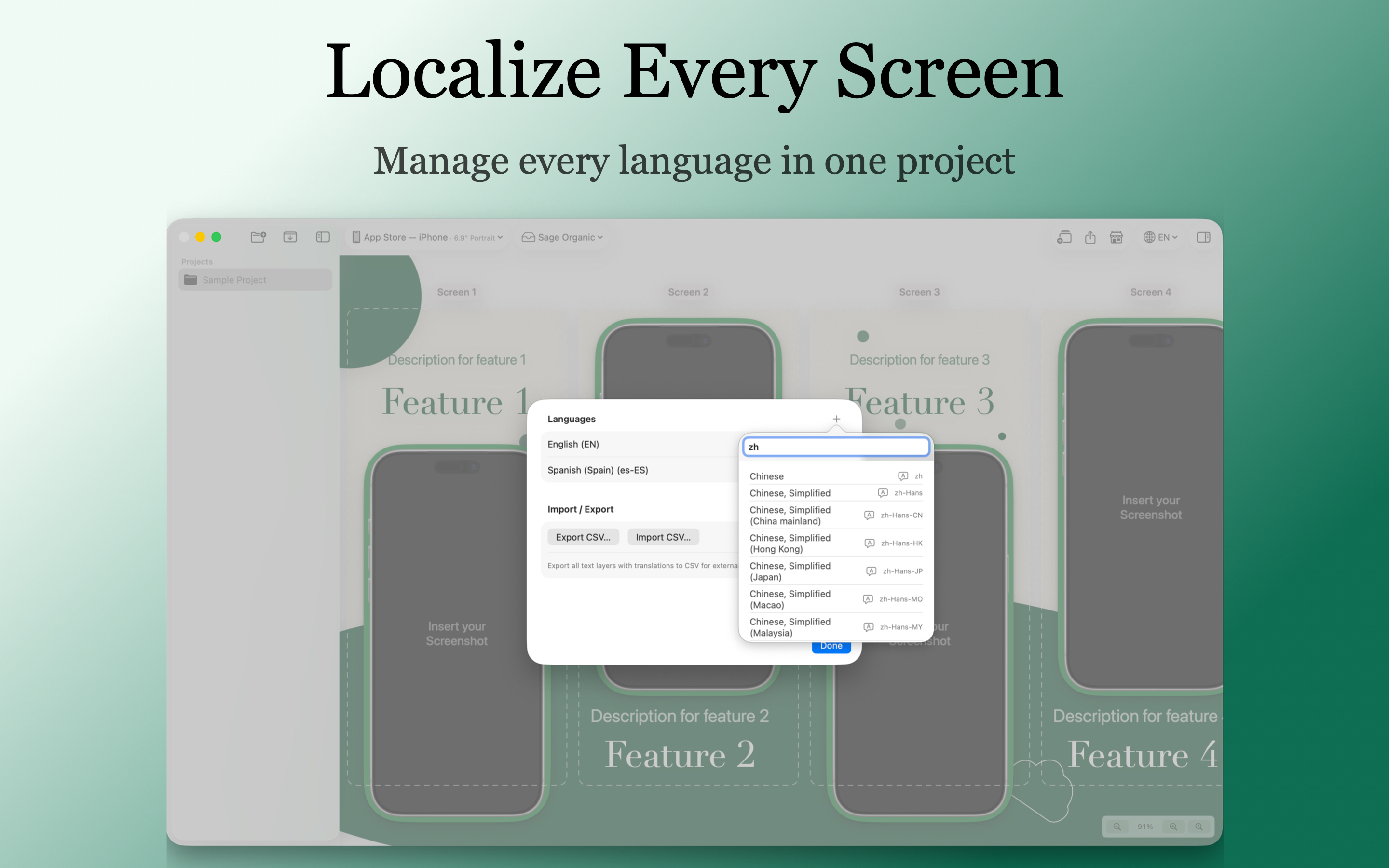 Official XShots App Store screenshot showing localization controls for managing project languages