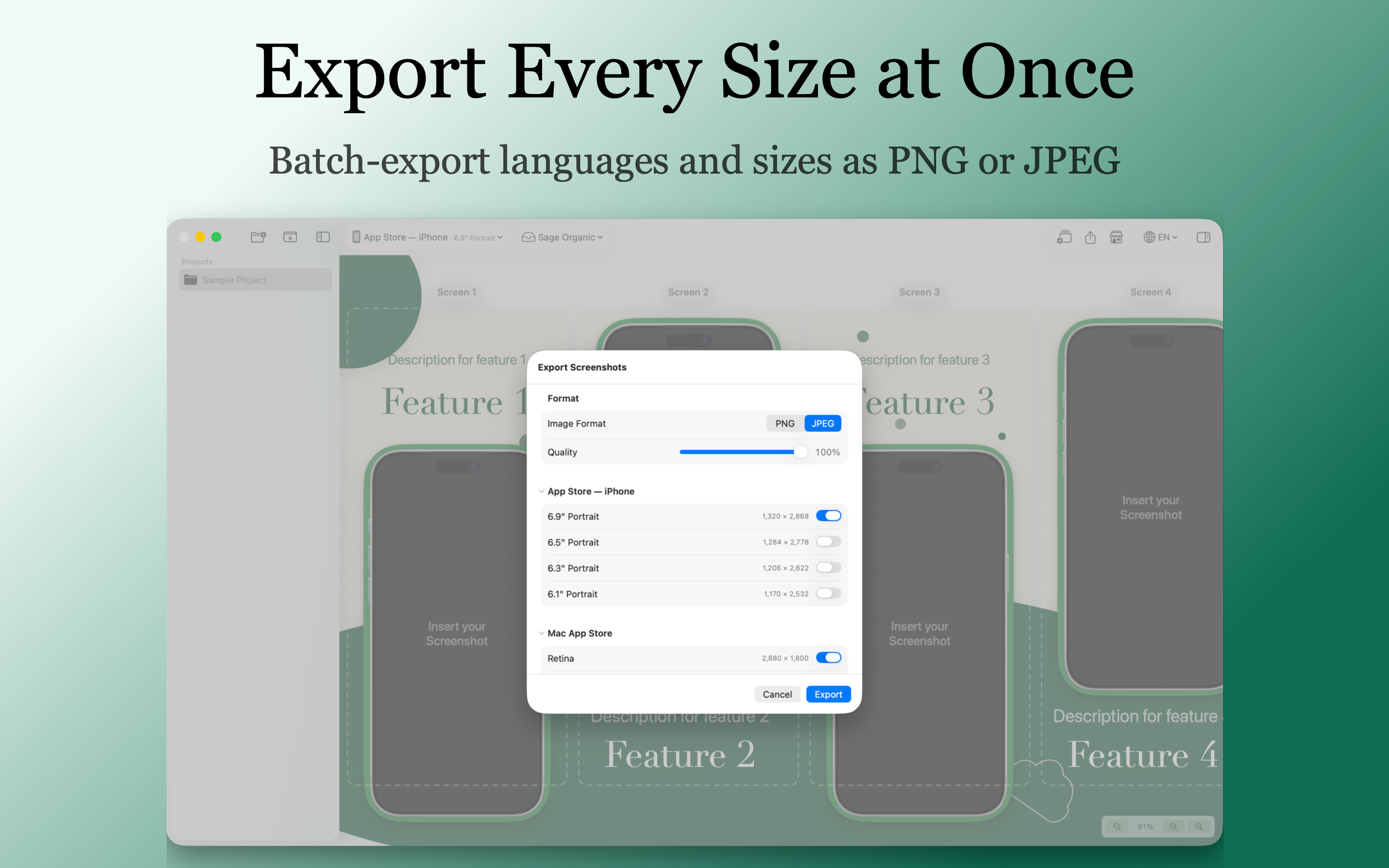 Official XShots App Store screenshot showing batch export controls for formats and device sizes