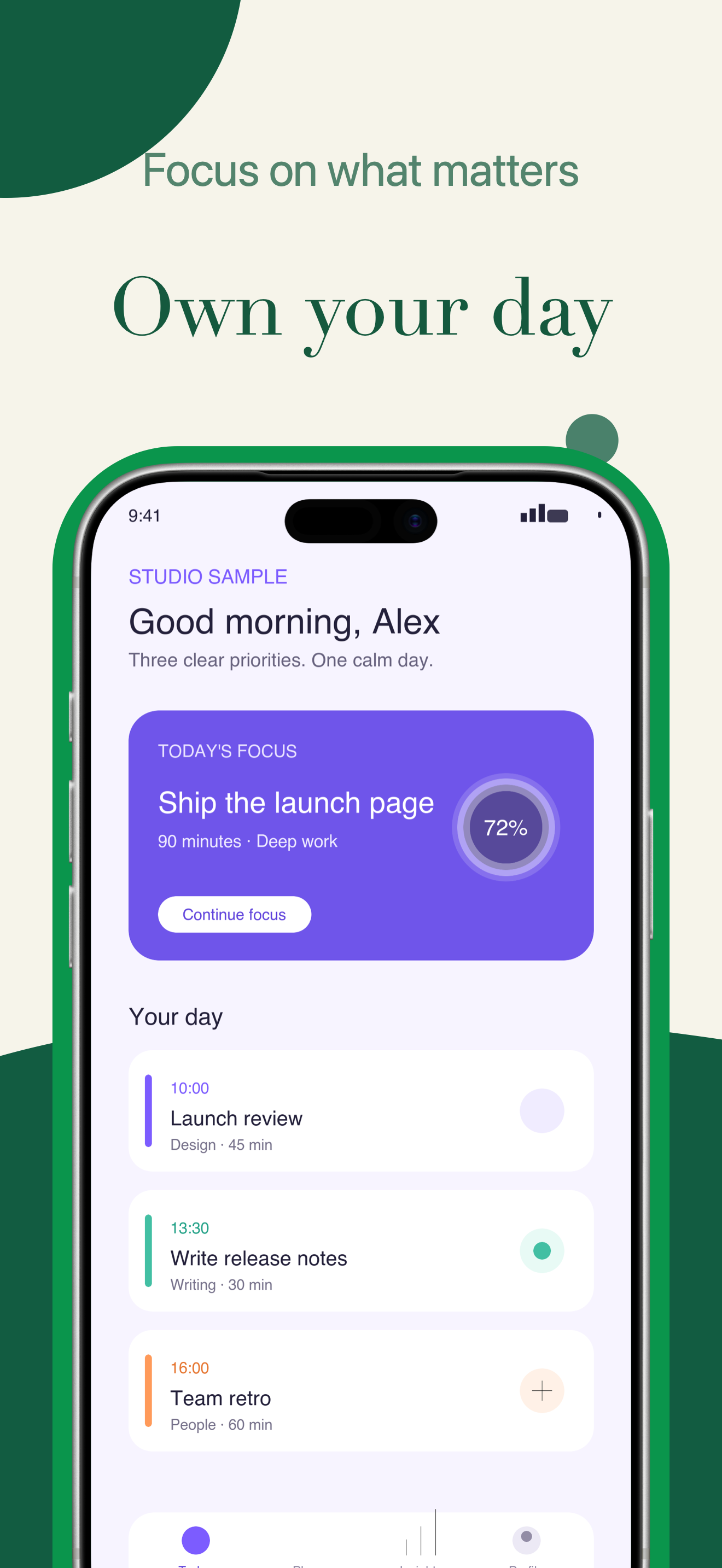 Example App Store screenshot generated in XShots showing a daily focus dashboard
